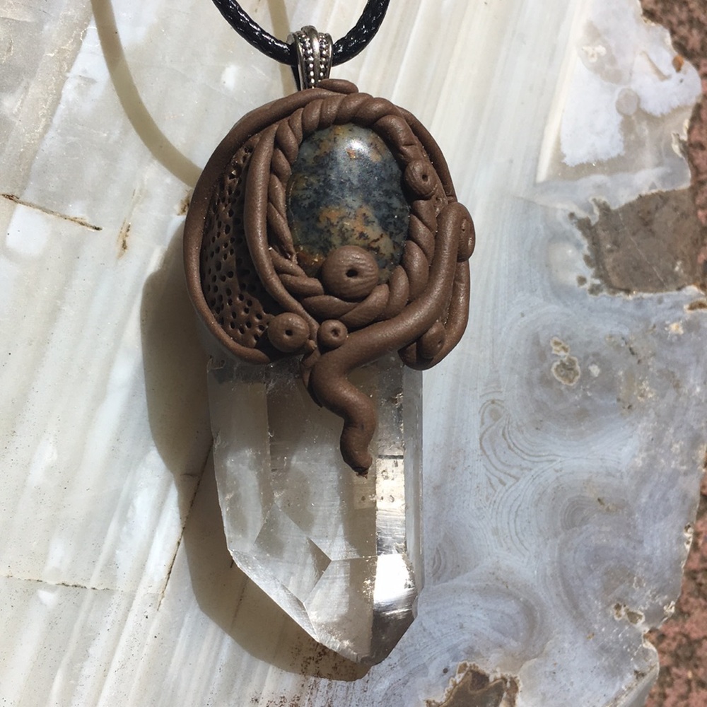 Brown quartz point pendant with natural gemstone